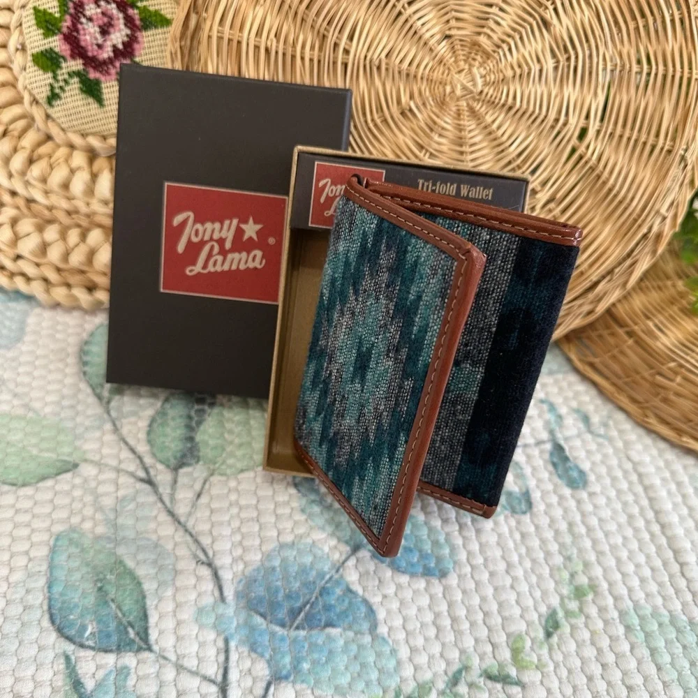New Tony Lama Tri-Fold Wallet RFID Blue Aztec Canvas Leather Cowboy Western